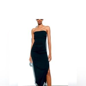 Zara Black Strapless Midi Dress with Side Slit